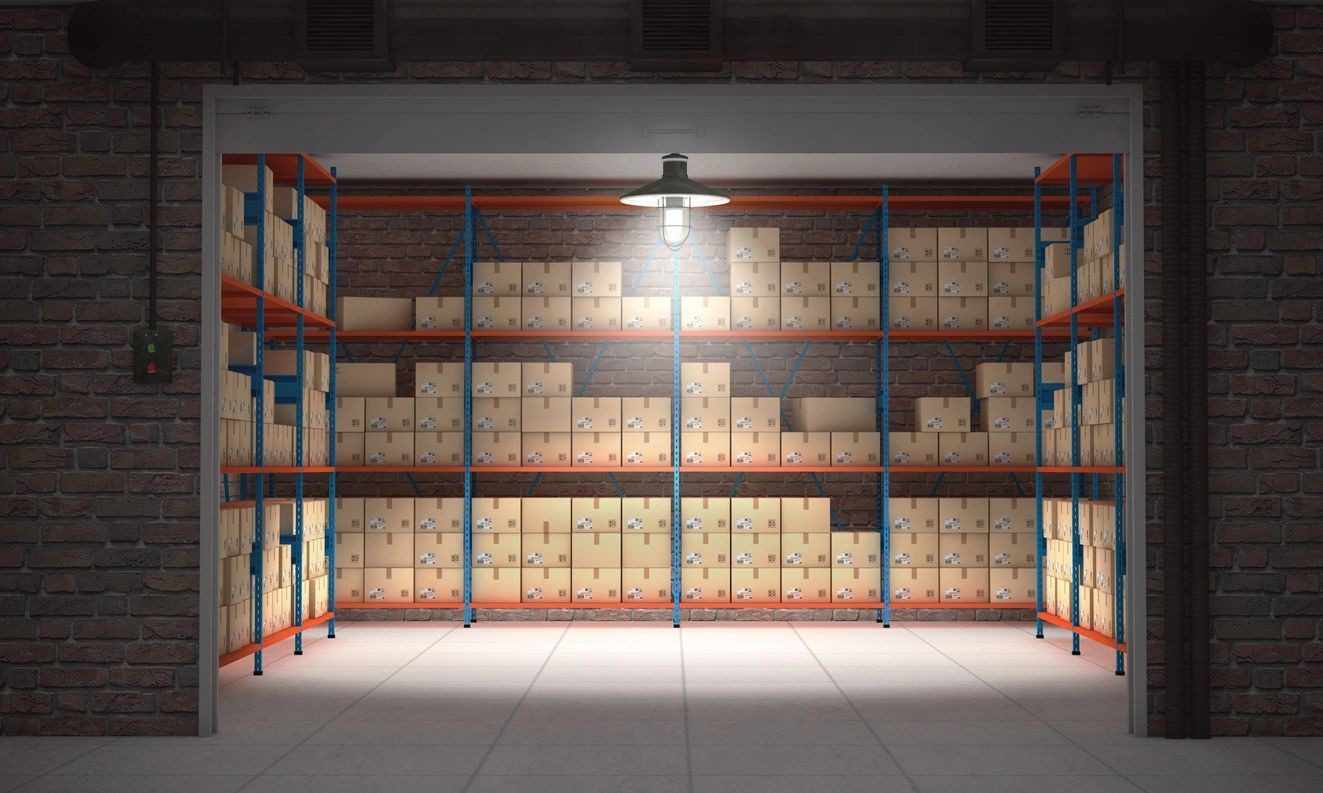 A warehouse with many shelves of boxes in it